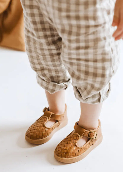 Leather Woven T-Bar | Walnut | Hard Sole