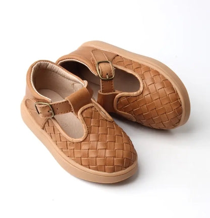 Leather Woven T-Bar | Walnut | Hard Sole